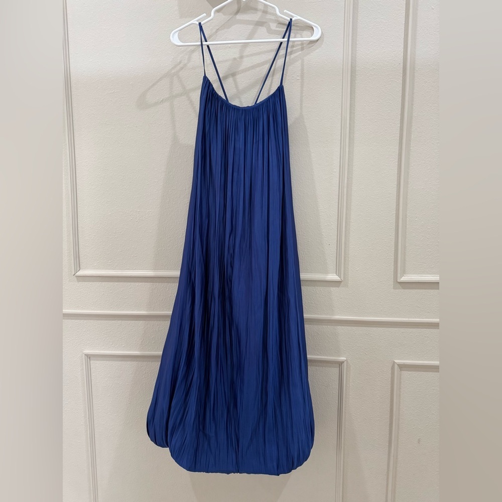 Worthington NWT Womens L Royal Blue chic modern pleated bubble hem midi Dress